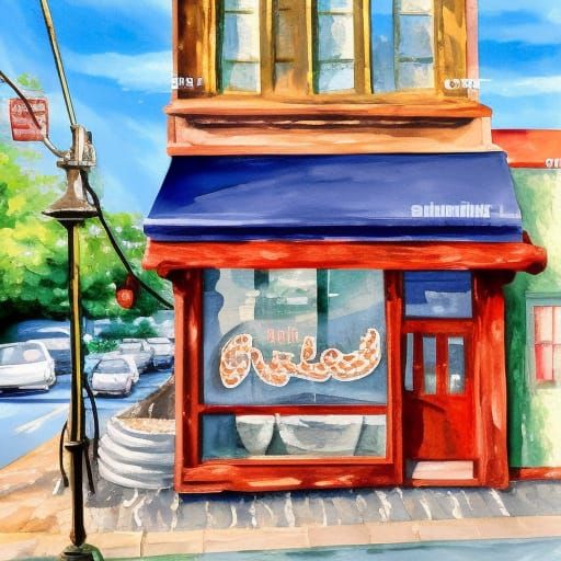 Cozy Bakery Storefront in Gouache Watercolor Style