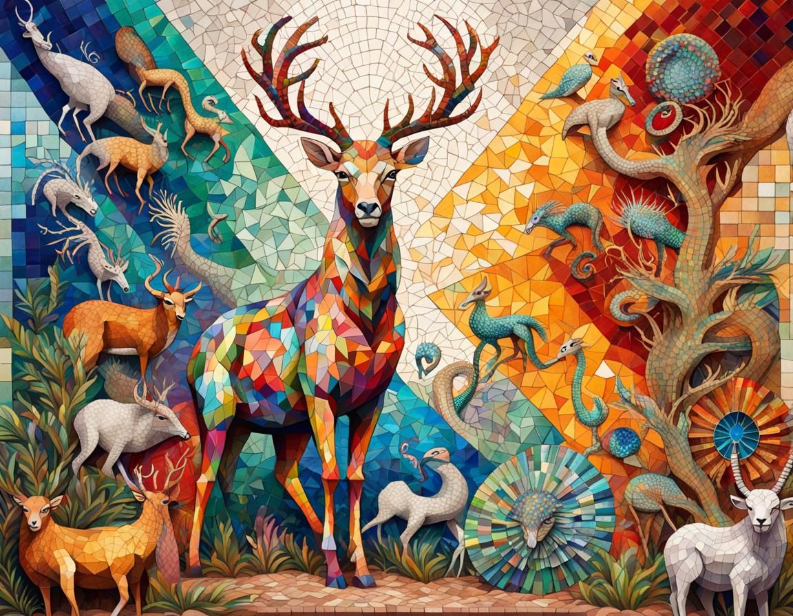 Mosaic Animals on Diamonds Art