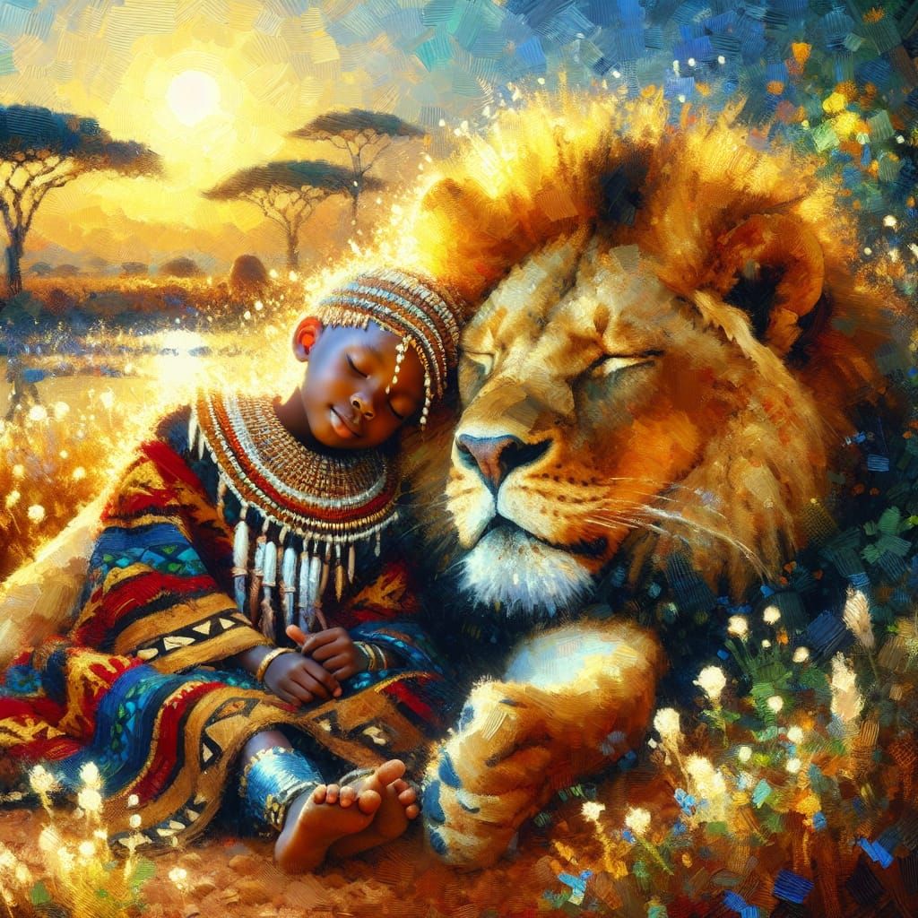 Boy and Lion Cuddle in Savannah Sunset Impasto Painting