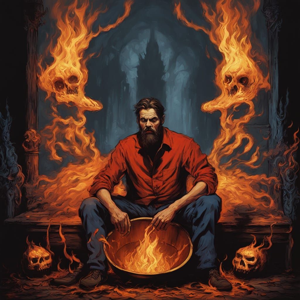 Demonic Man with Bowl of Fire: Dark Fantasy Art
