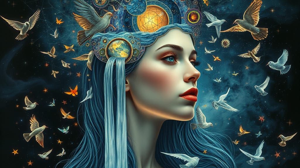 Surreal Portrait with Celestial Waterfall Hair