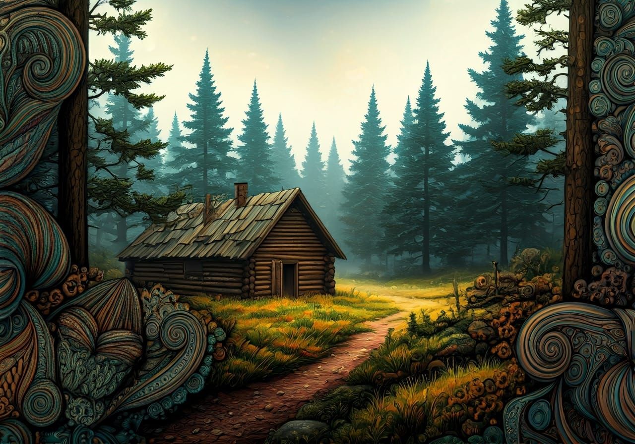 Fractal Landscape with Log Cabin, Zentangle Style