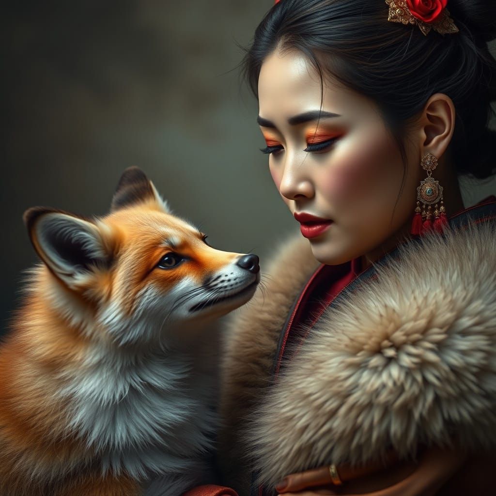 Asian Woman in Dramatic Clothing Petting a Fox