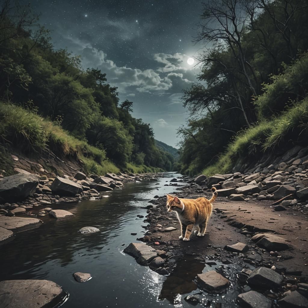 Cat Walking Between Rivers Under Dark Sky