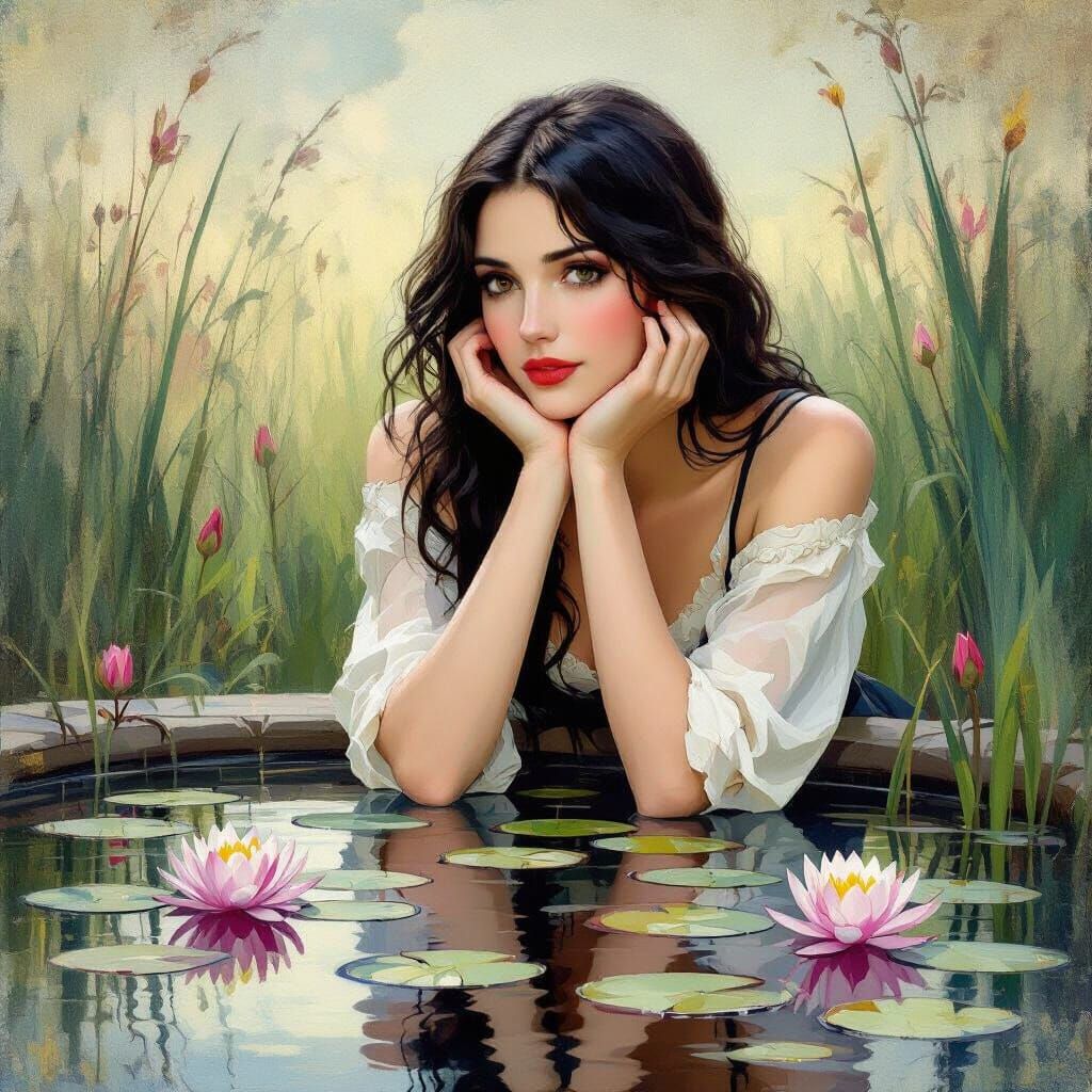 Winsome Brunette Gazes at Reflection in Water Lily Pond Pain...