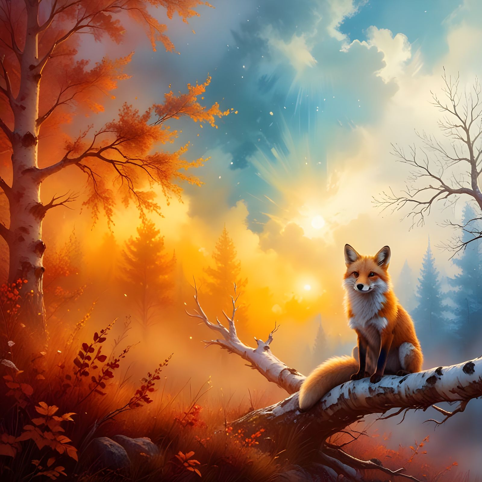 Majestic Red Fox in Ethereal Birch Forest