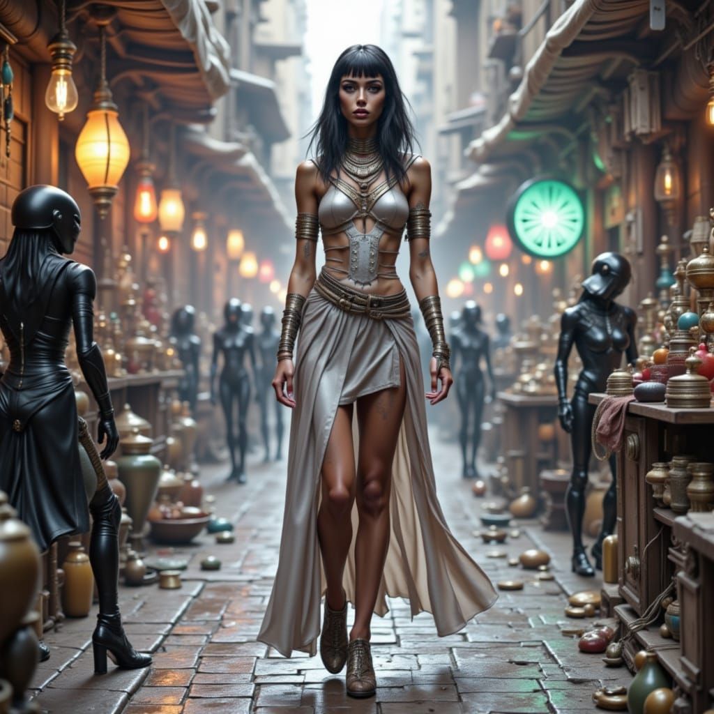Time-Traveling Priestess in Martian Cyberpunk Marketplace