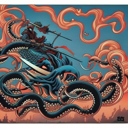 Octopus Samurai in Hokusai Comic Book Style