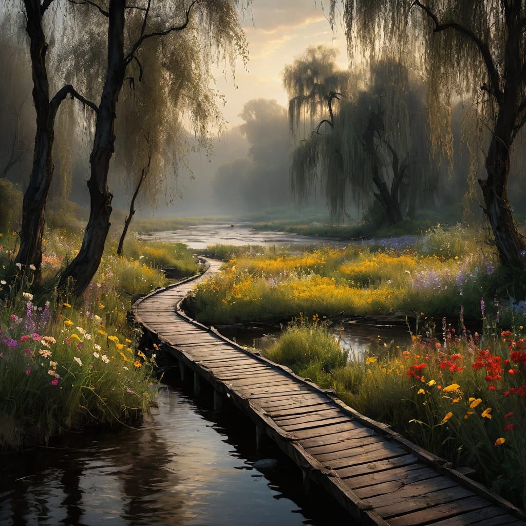 Rackham-esque Walkway by Polluted River in Watercolor