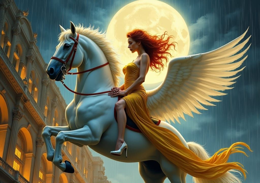Lady Rides Winged Horse Under Moonlit Storm