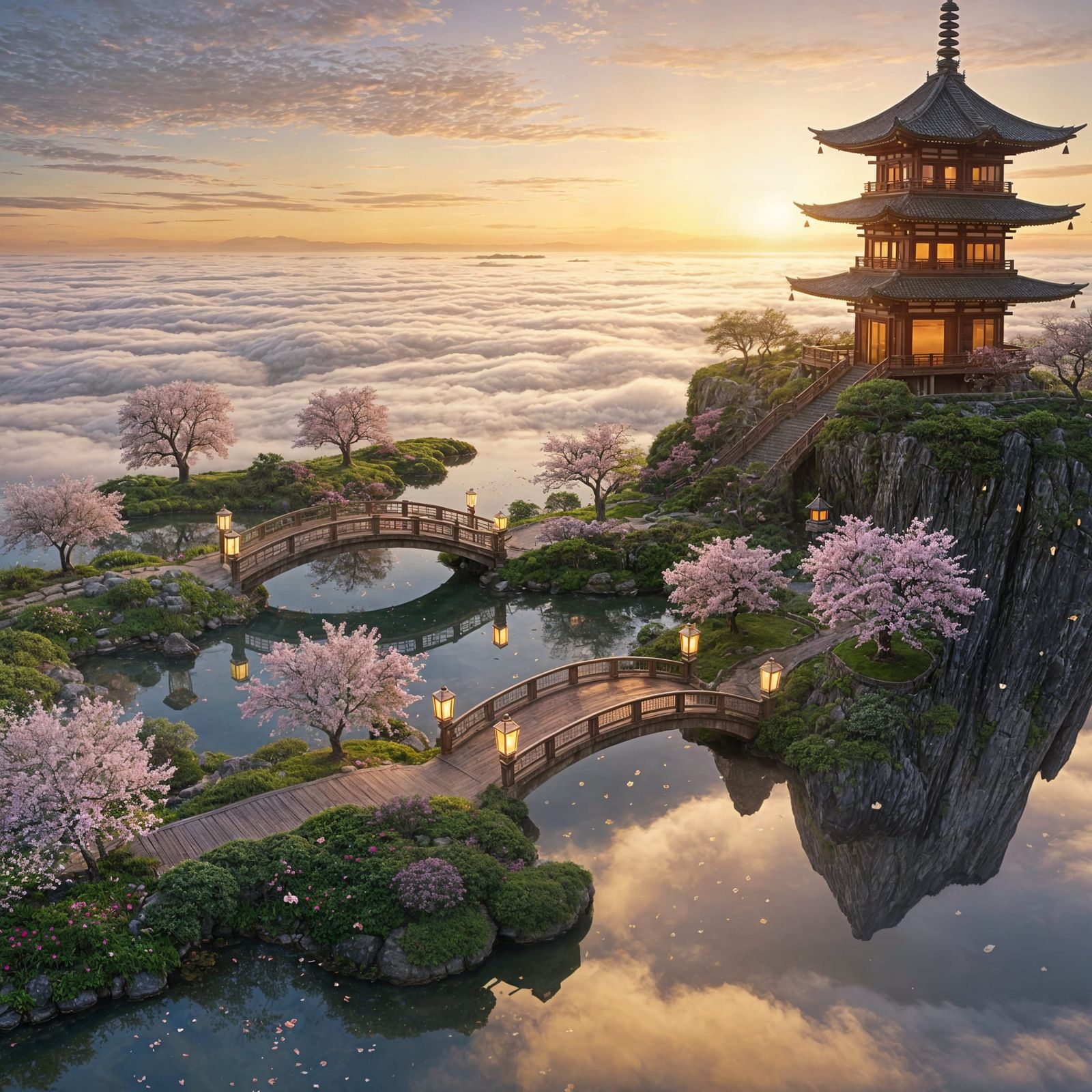 Floating Japanese Garden Above Clouds at Sunset