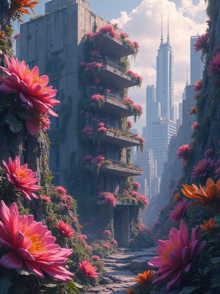 Mutated Blooms Overtake City Skyscrapers in Vibrant Cosmic I...