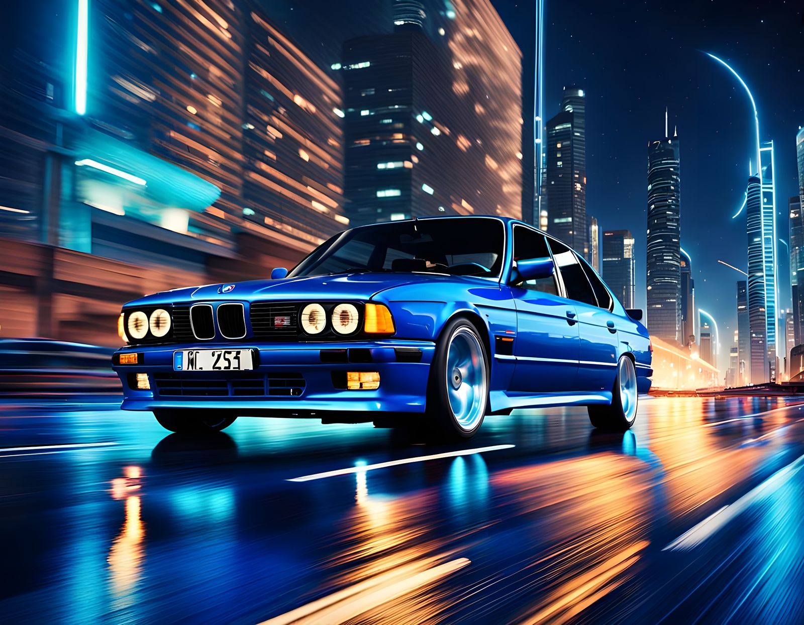 Electric Blue BMW M5 E34 Cruises Retro Futuristic City Under...