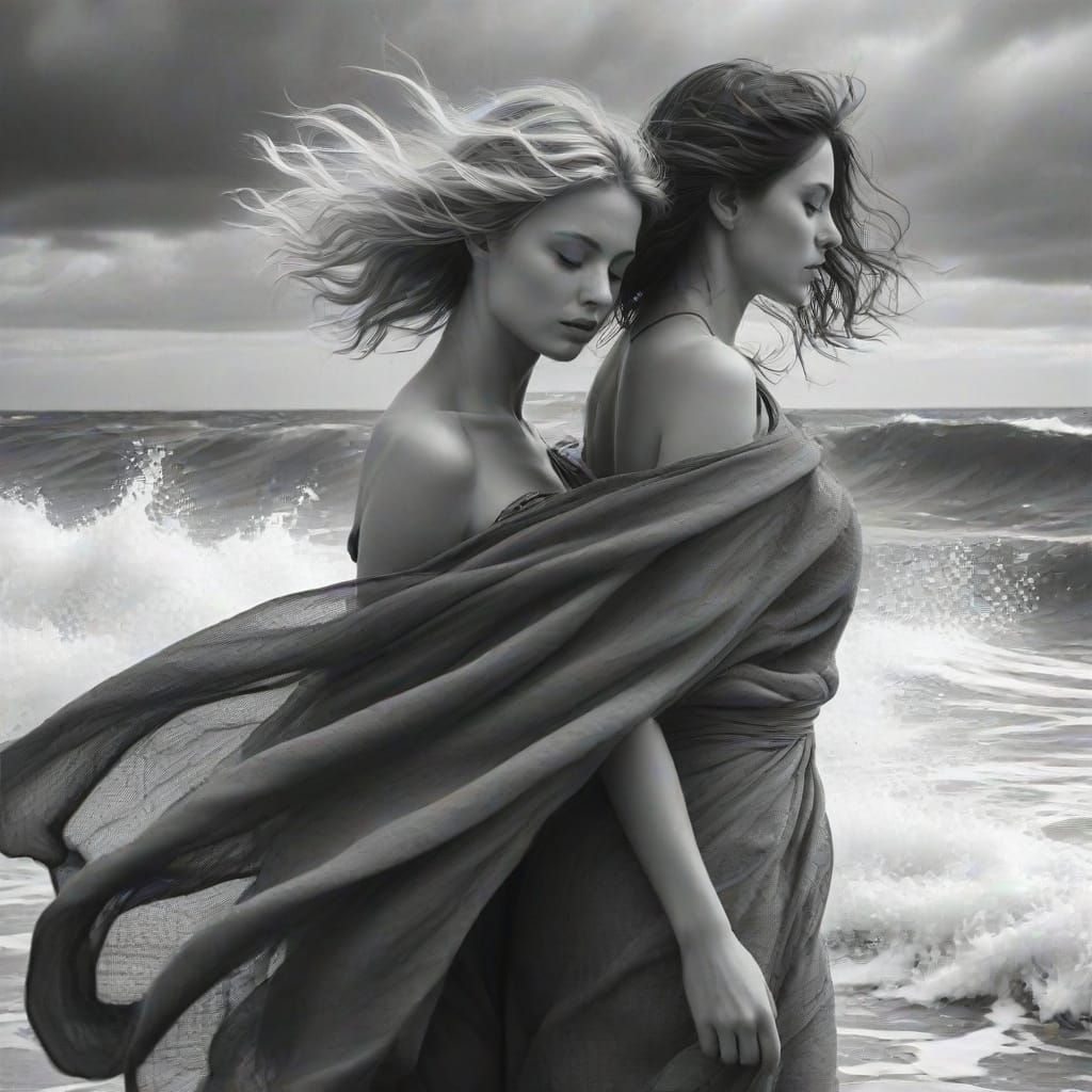 Two Women Cuddling on Windy Beach: Charcoal Drawing