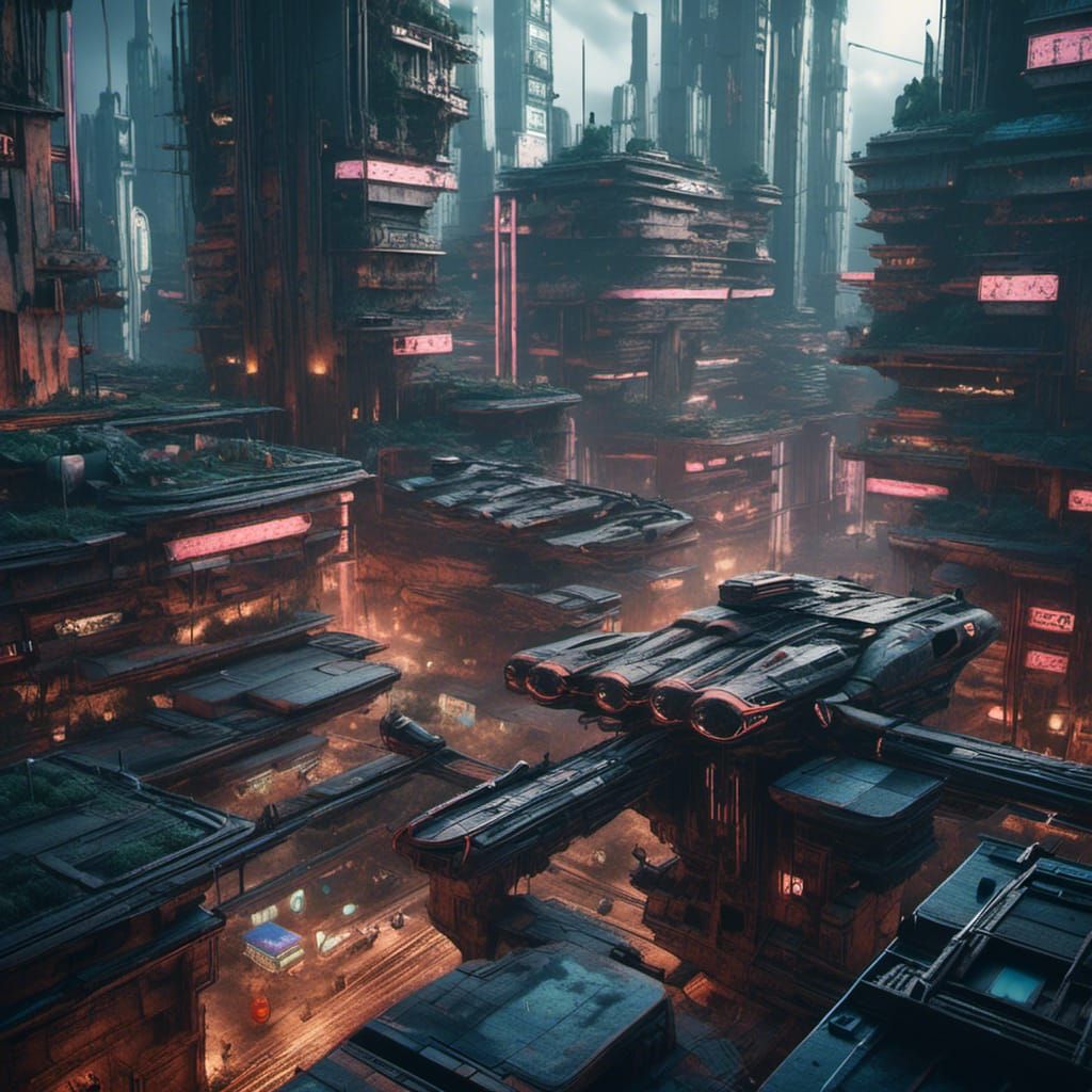 Cyberpunk cityscape of a futuristic mega city, dystopian fantasy world, flying cars with a heavy element of crime <lora:...