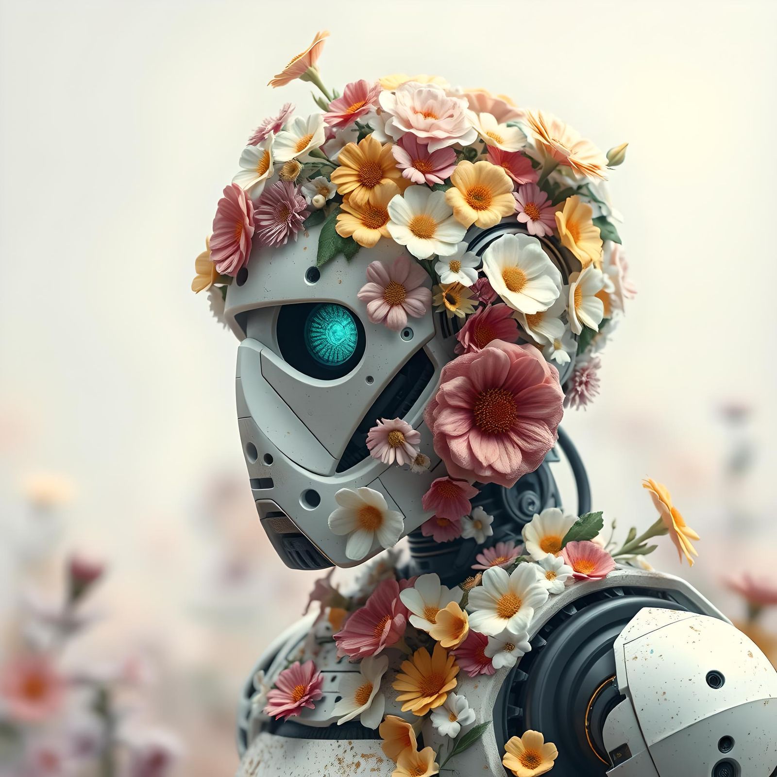 Photorealistic Robot Covered in Flowers