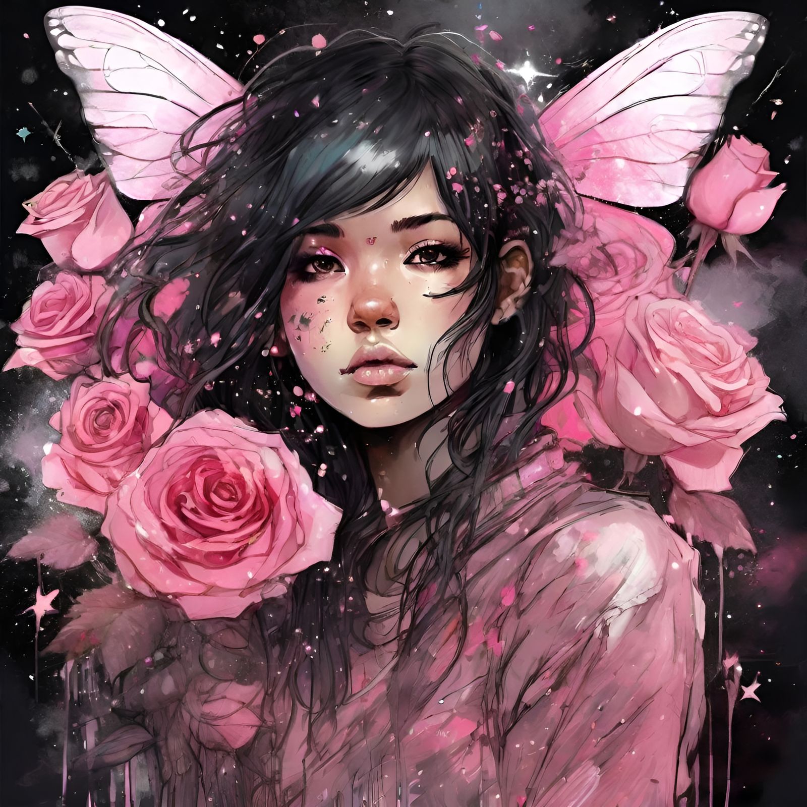 Crystalline Girl with Roses in Dark Galaxy