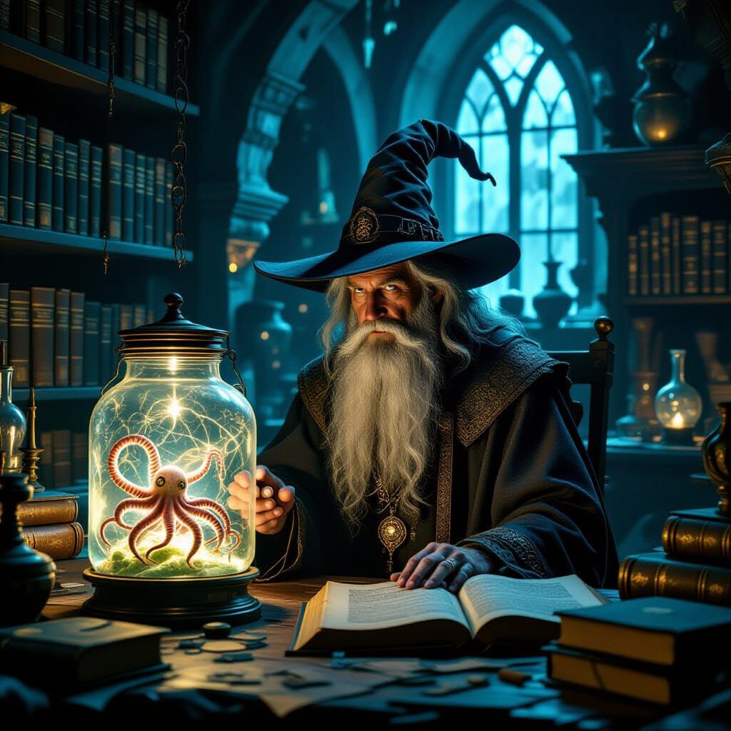 Mystical Wizard's Lab with Tentacle Monster and Glowing Book...