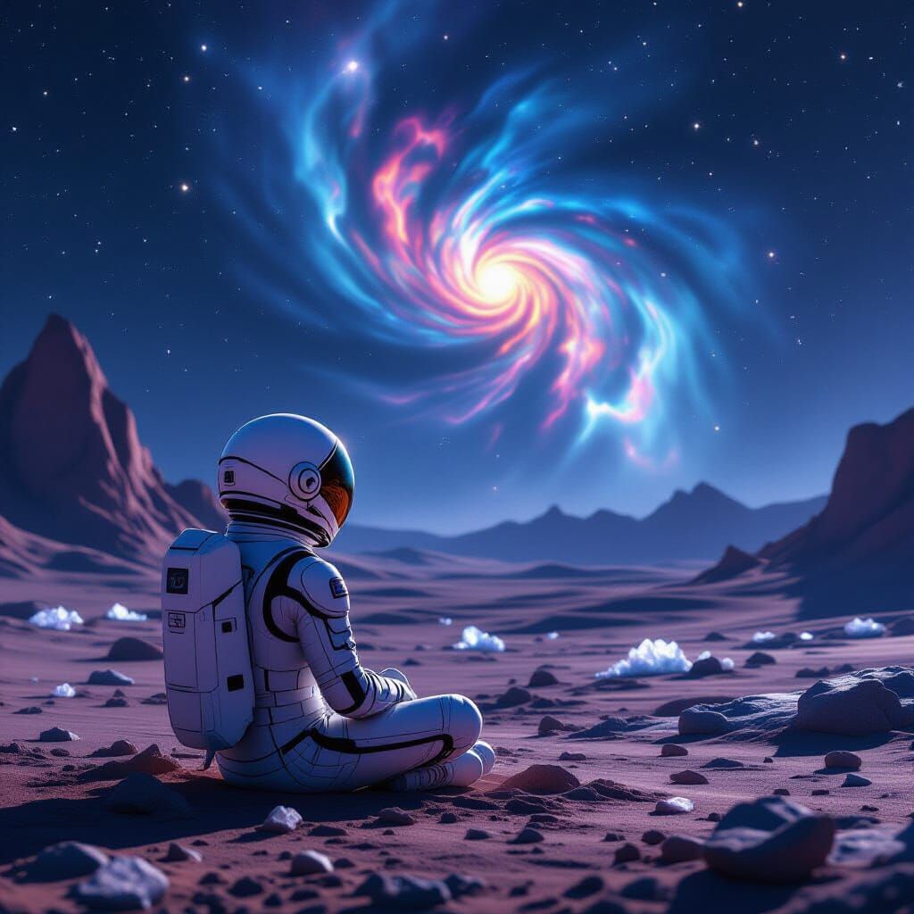 Astronaut Contemplates Cosmic Nebula on Alien World