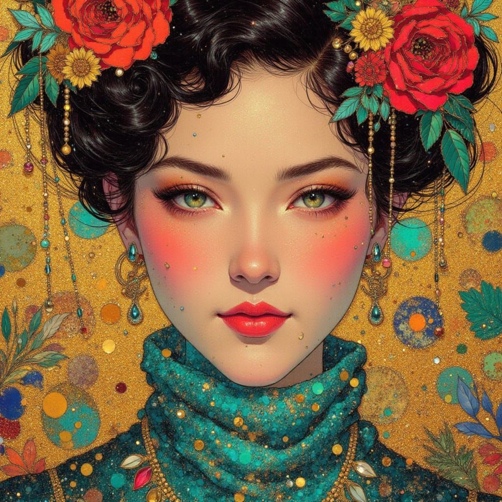 Ocean Goddess in Gold, Teal, and Crimson Hues