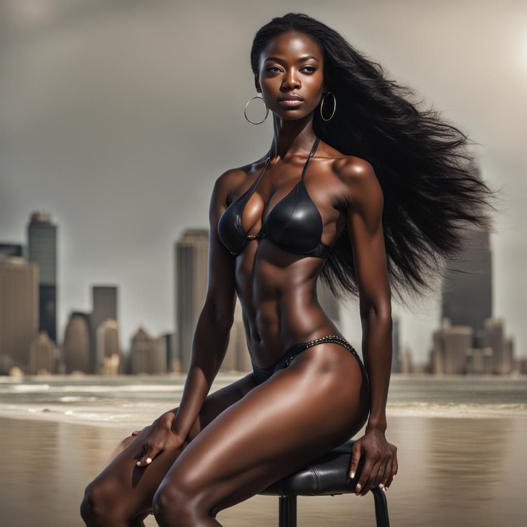 Beautiful Black Woman in Bikini Kneeling