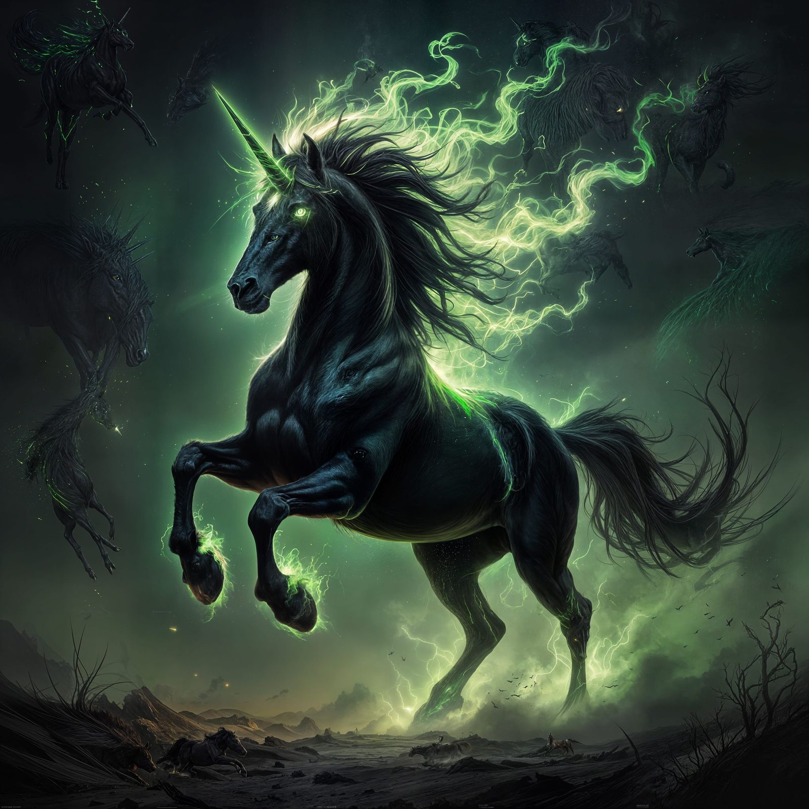Sinister Black Stallion with Green Flame Mane
