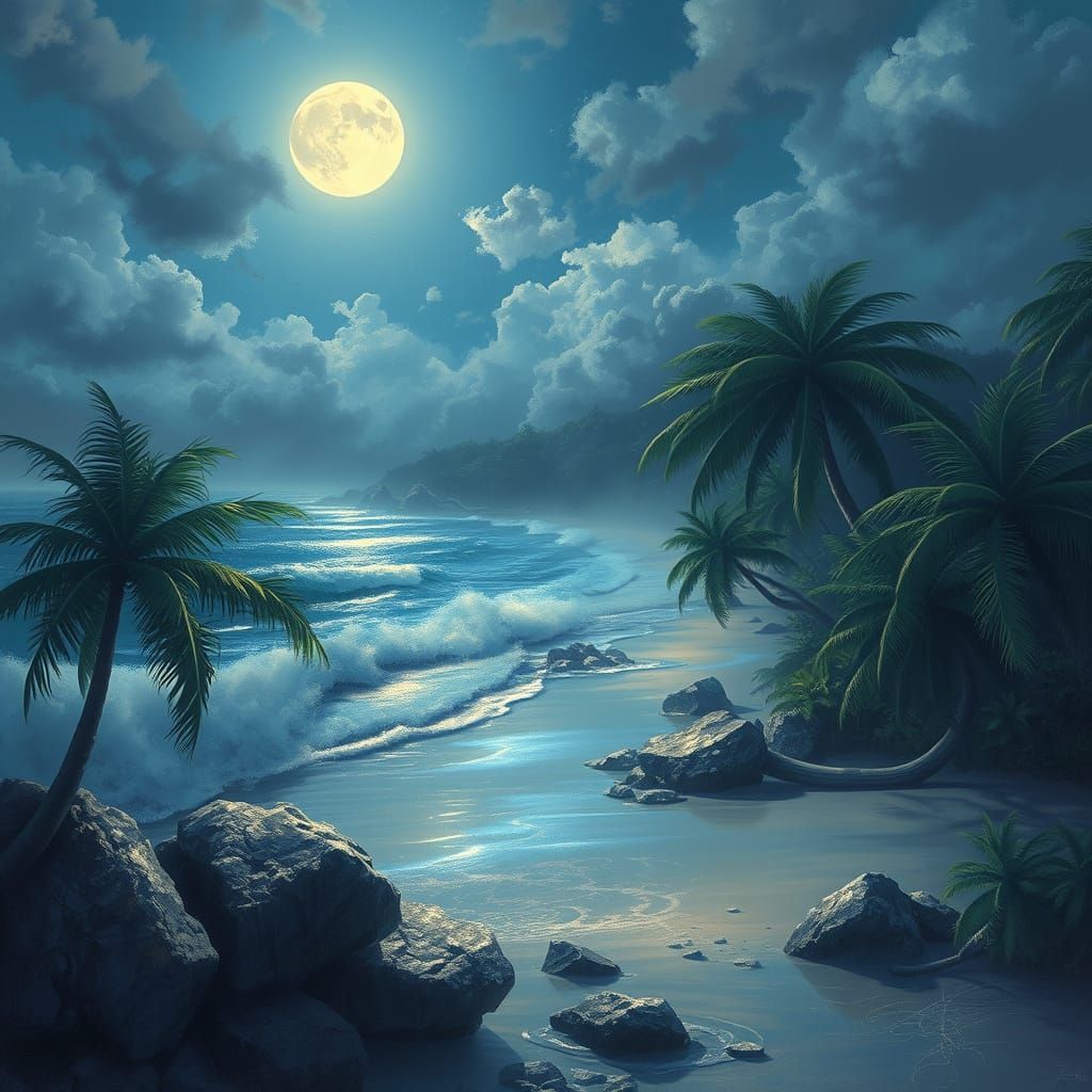 Tropical Beach Under Silver Moonlight: Ethereal Fantasy