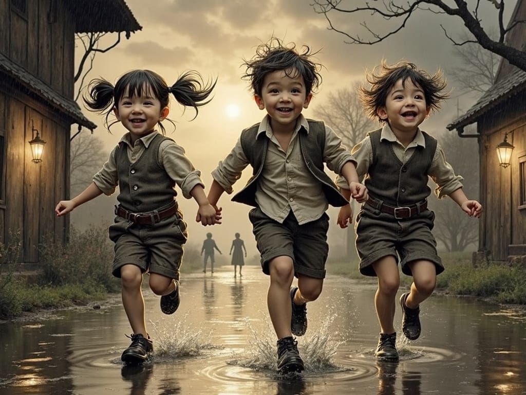 Whimsical Children Leap into Evening Puddles