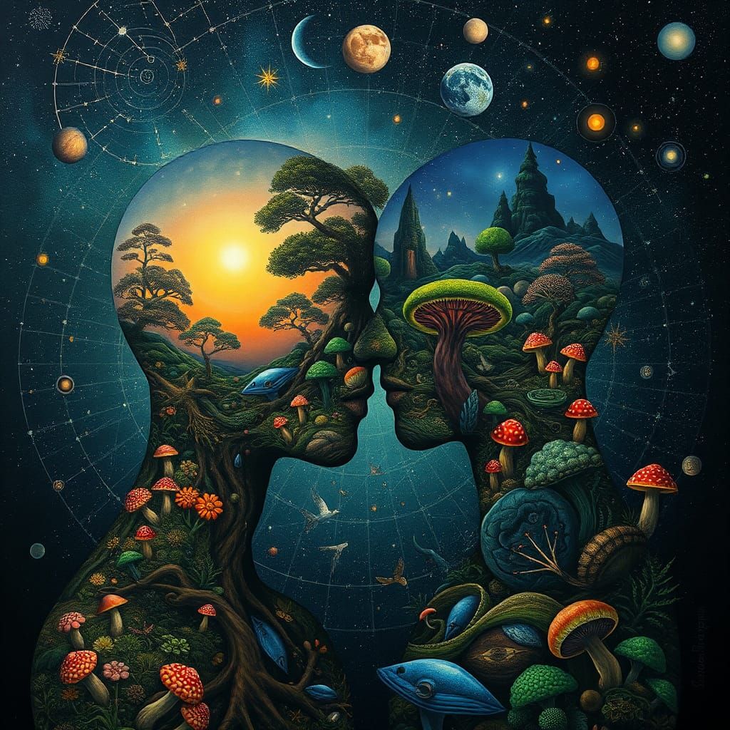 Intertwined Mindscapes in Ethereal Mixed-Media Style