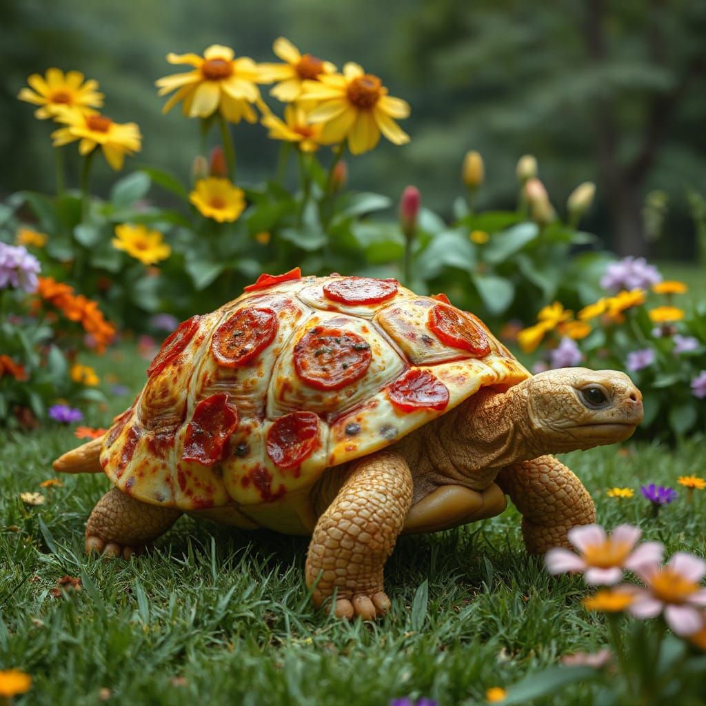 Pepperoni Pizza Tortoise in Lush Garden, Photorealistic