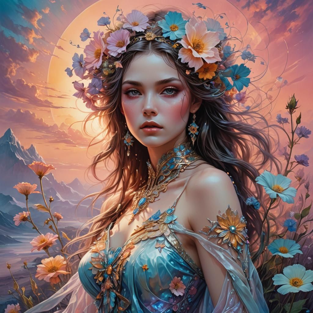 Flower in magical pastel sunset, astonishing, glamorous pose...