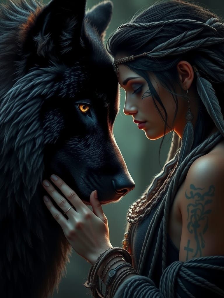 Warrior Woman Shares Moment With Black Wolf