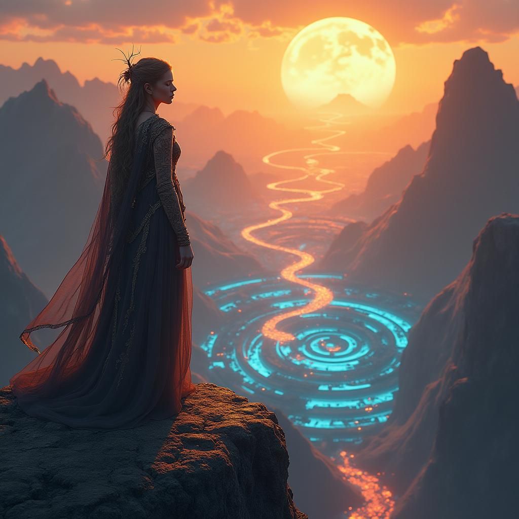 Ethereal Being Overlooking a Mystical Landscape