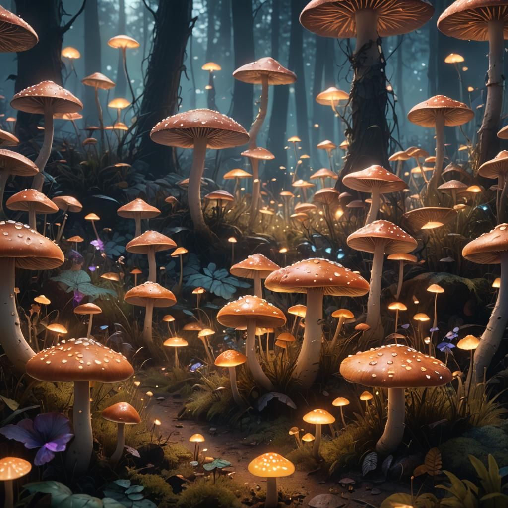 Glowing Mushroom Forest at Dusk, Matte Painting
