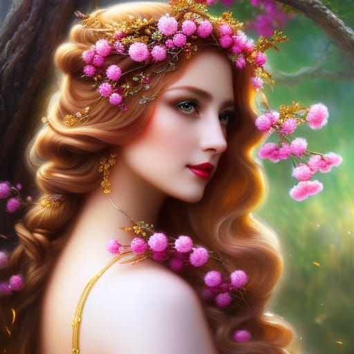 Cherry Fairy Portrait in Orchard at Sunset