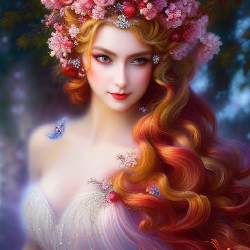 Cherry Fairy Portrait in Maximalist Digital Art Style