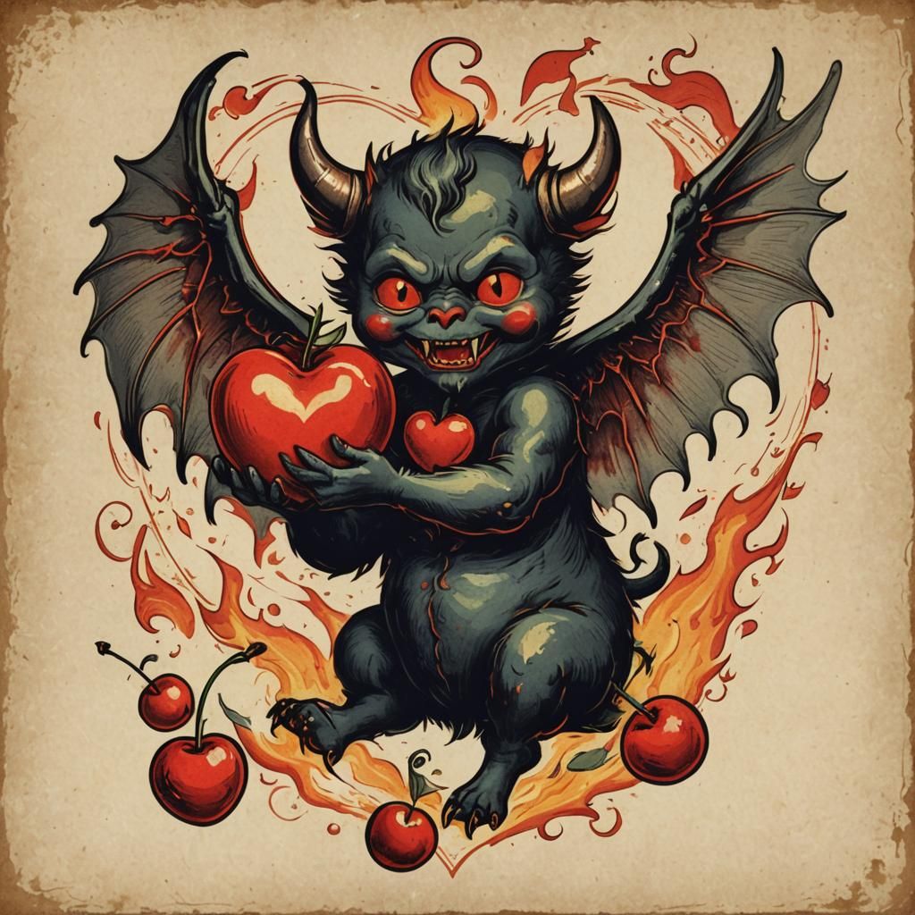 Vintage Valentine Devil Eating Cherry in Heart