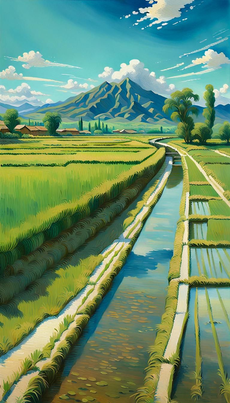 Green Rice Fields Under Blue Sky: Impressionist Landscape