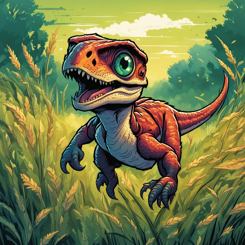 Cute Raptor Runs Through Meadow in Comic Art Style