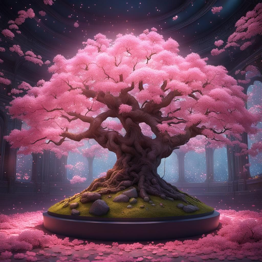 Luminous Sakura Tree in Cubic Terrarium