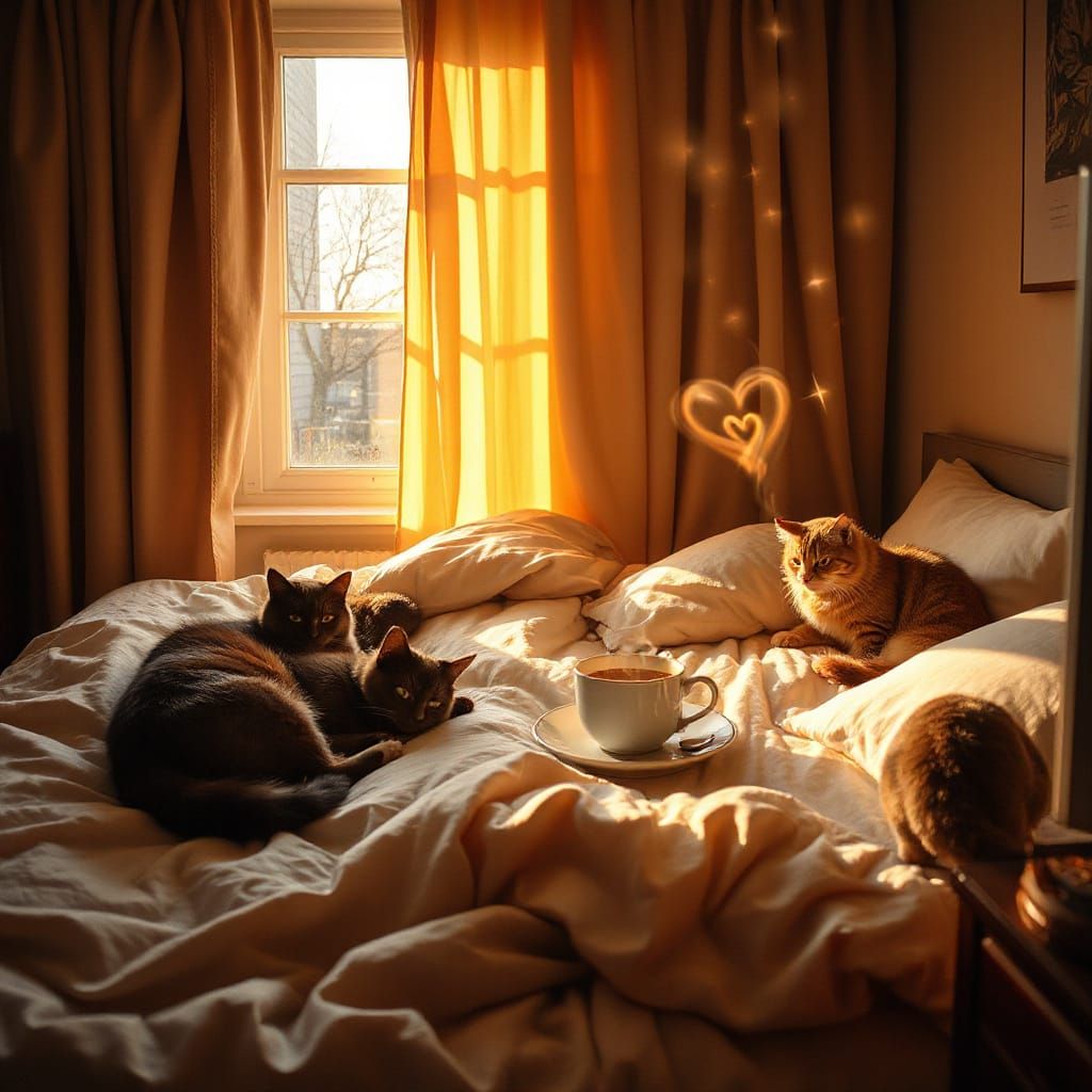 Cozy Bedroom Sanctuary: Sunday Morning Bliss with Cats