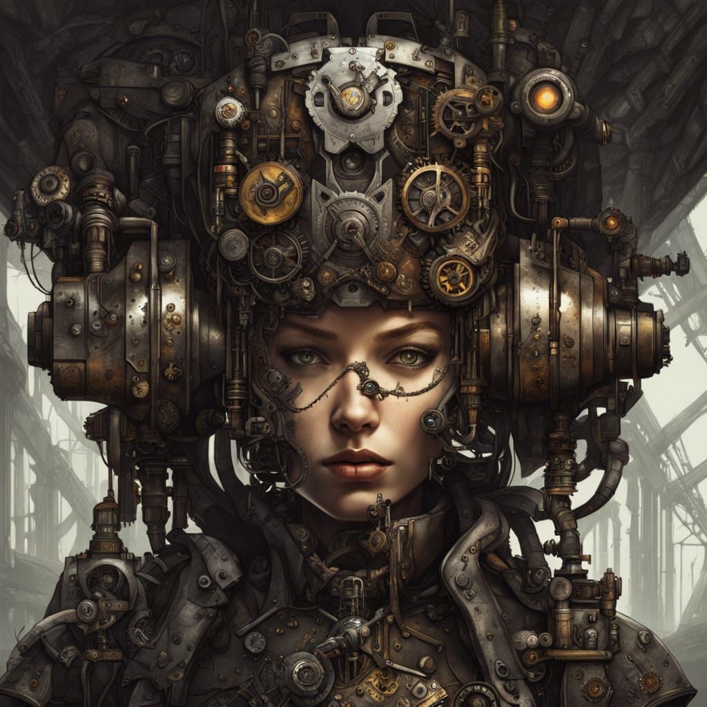 Steampunk Cyborg Woman With Sludge Dress and Gears