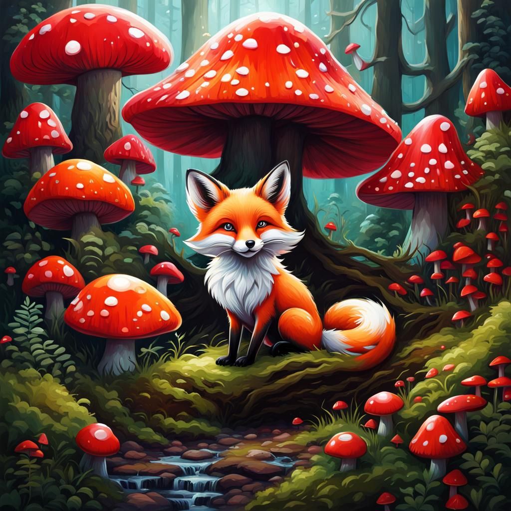 Fox and Mushrooms in Forest Graffiti Art