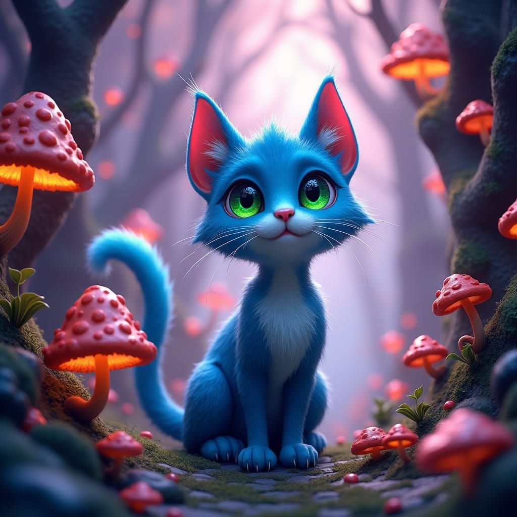 Animated Blue Cat in Magical Fantasy Realm