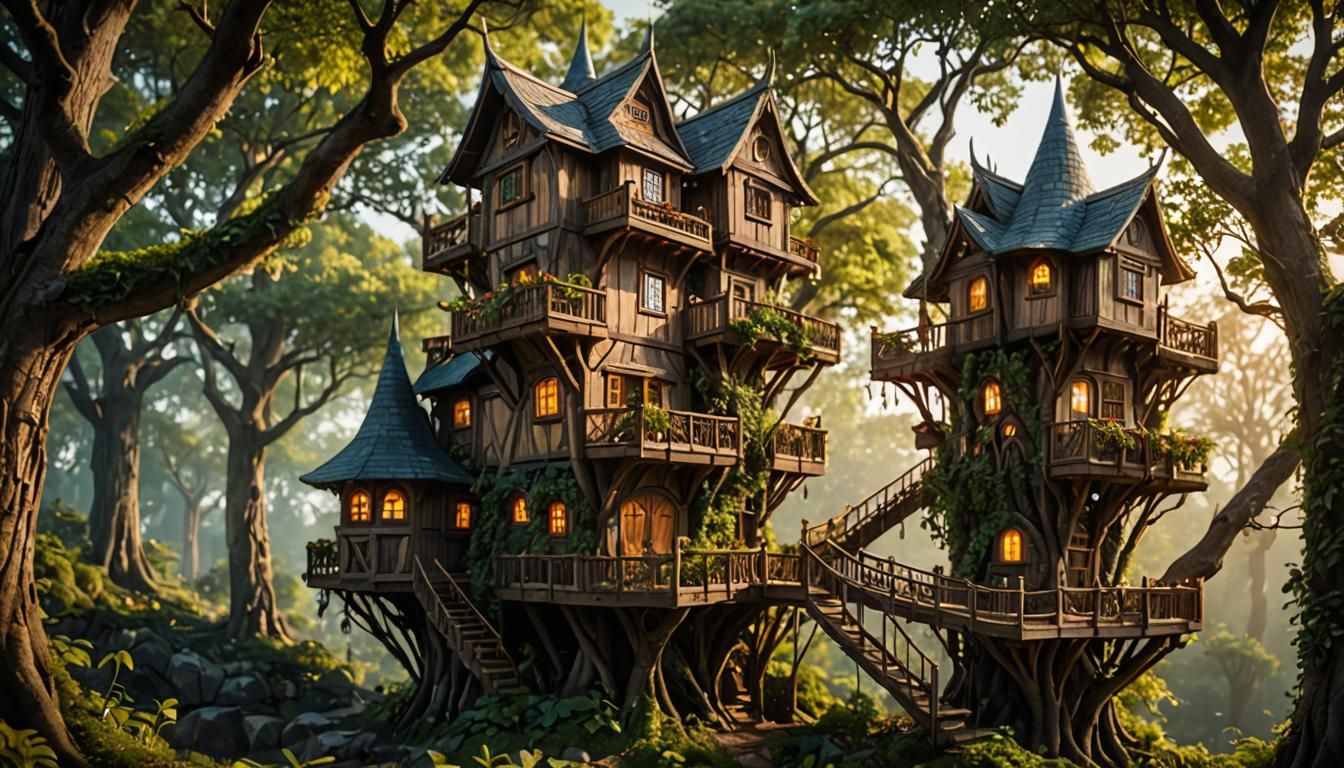 Highrise Elven Treehouses with Bokeh Lighting