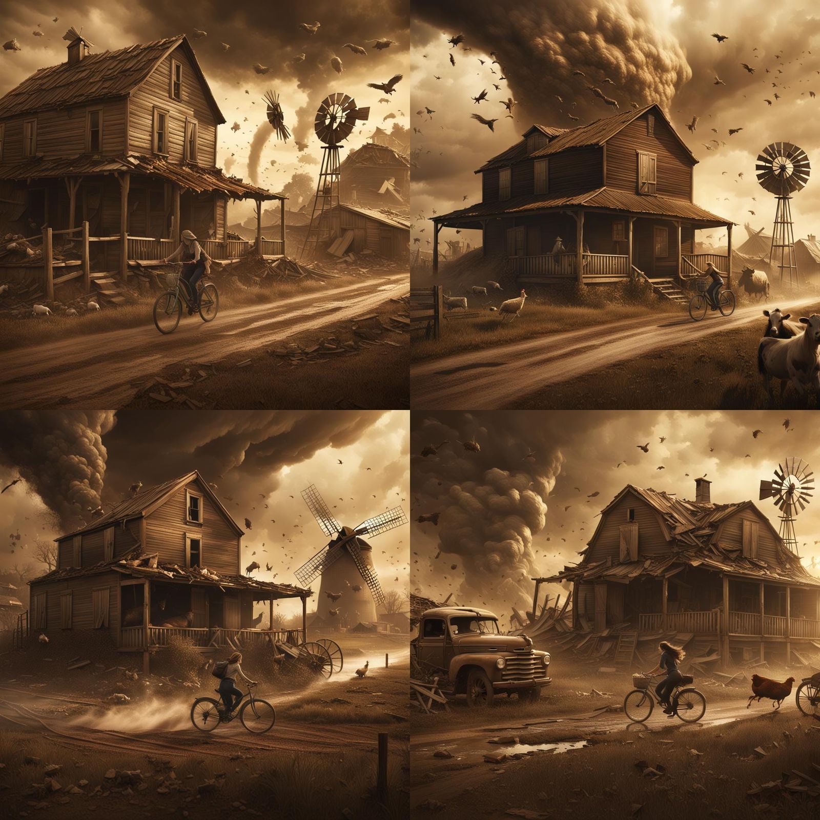Sepia Tornado Sweeps Farm With Flying Cows