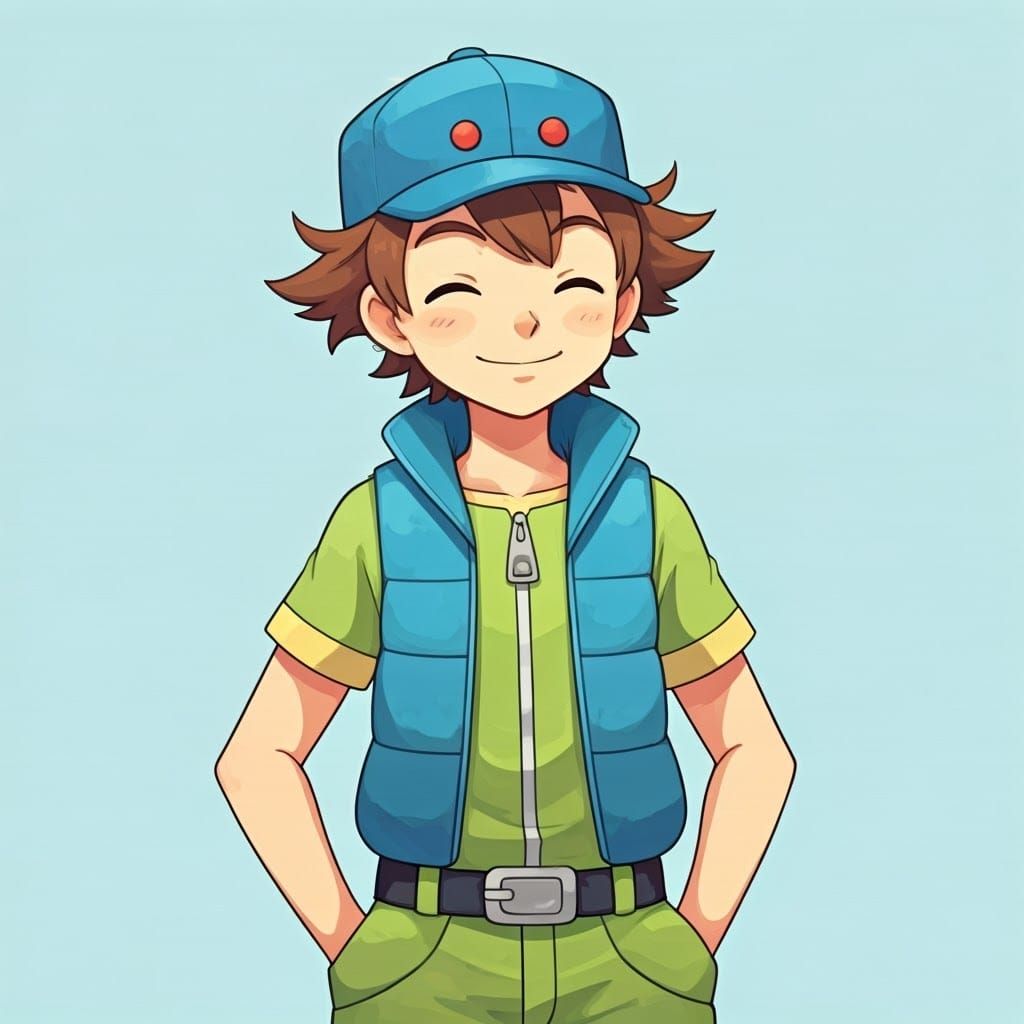Cheerful Young Pokémon Trainer in Vibrant Whimsical Illustra...