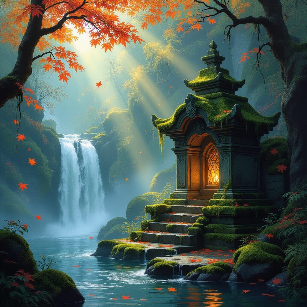 Mystical Shrine Beside Waterfall with Autumn Leaves