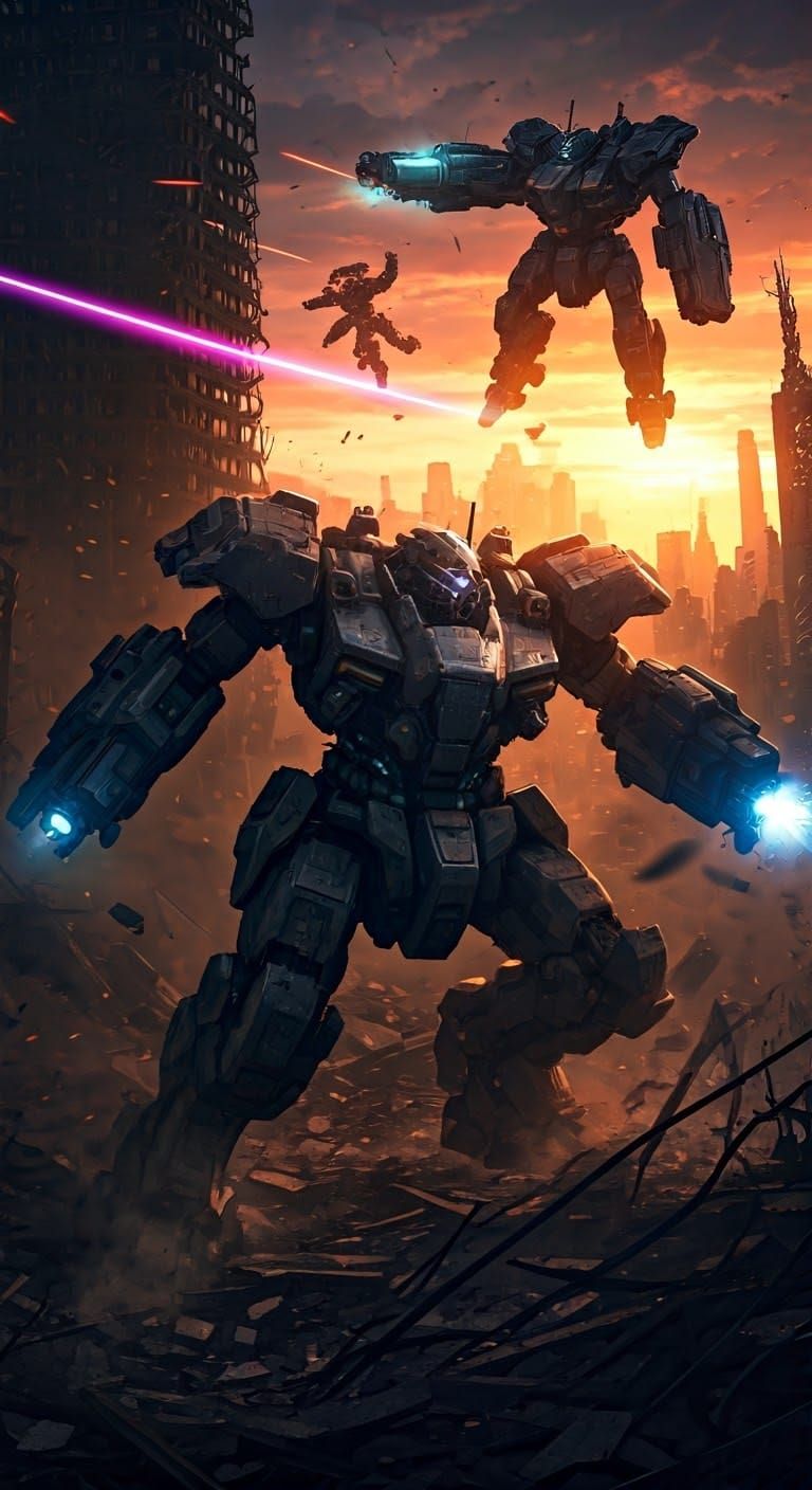 Mecha Duel in Shattered Futuristic New York