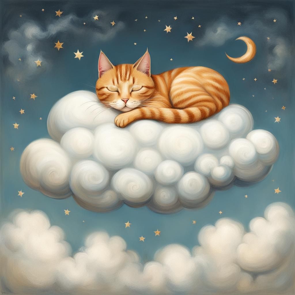 whimsical cat sleeping on a cloud